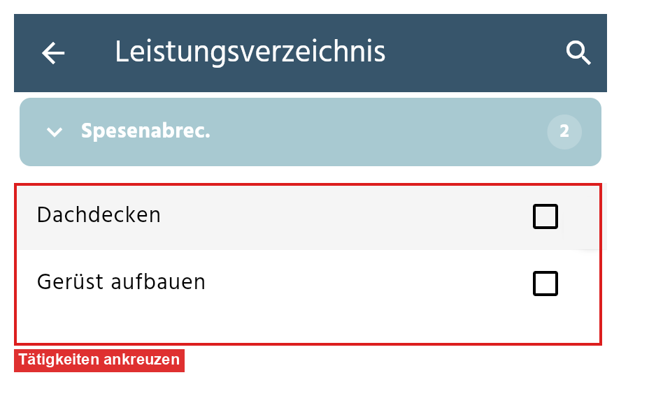 Auswahl der Tätigkeiten aus dem Leistungsverzeichnis in der App
