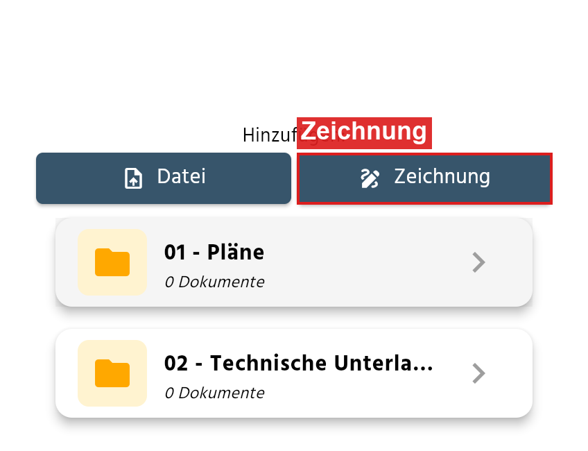 Projekt-Dokumente mit rot markiertem Button Zeichnung