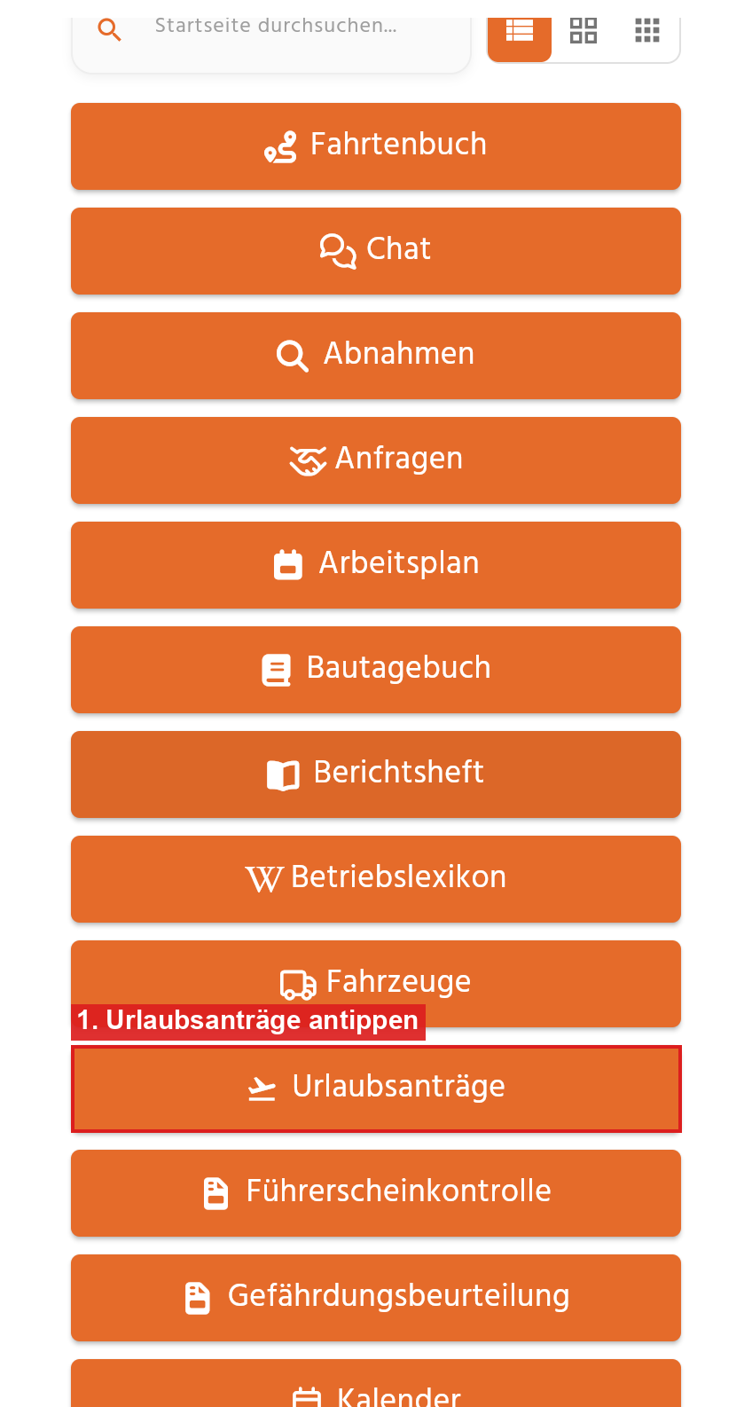 Startseite der App mit der Kachel Urlaubsanträge