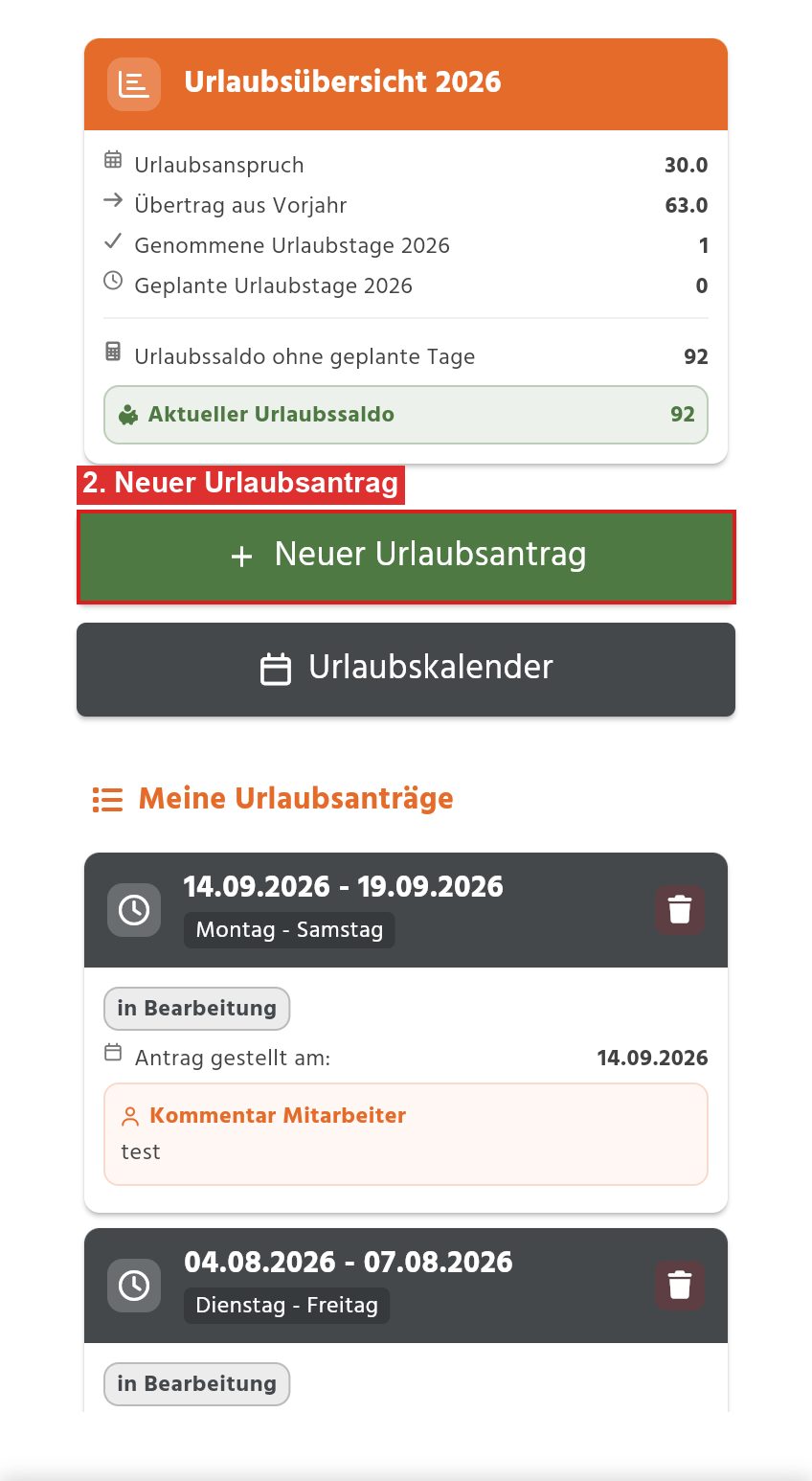 Urlaubsübersicht in der App mit dem Button Neuer Urlaubsantrag