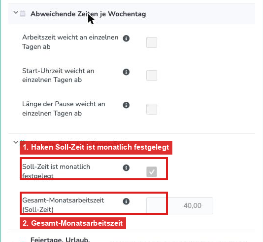 Arbeitszeitmodell mit dem Haken Soll-Zeit ist monatlich festgelegt und dem Feld Gesamt-Monatsarbeitszeit