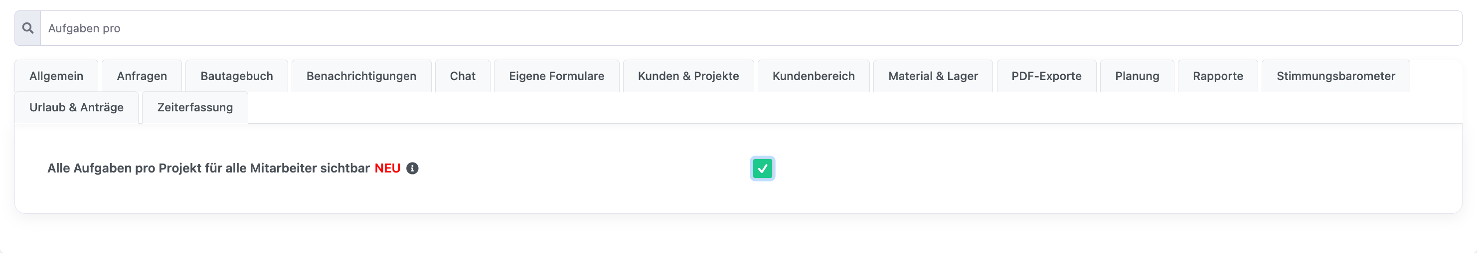 Einstellungen mit dem Schalter Alle Aufgaben pro Projekt für alle Mitarbeiter sichtbar