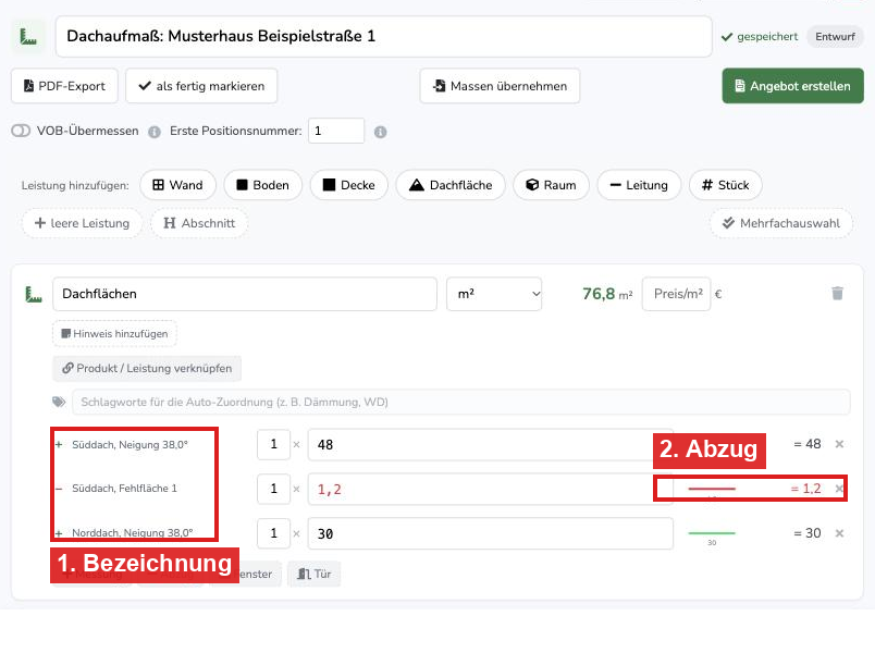 Aufmaß-Editor nach dem Import mit der Leistung Dachflächen, Messzeilen mit Bezeichnung und Neigung und einem roten Abzug