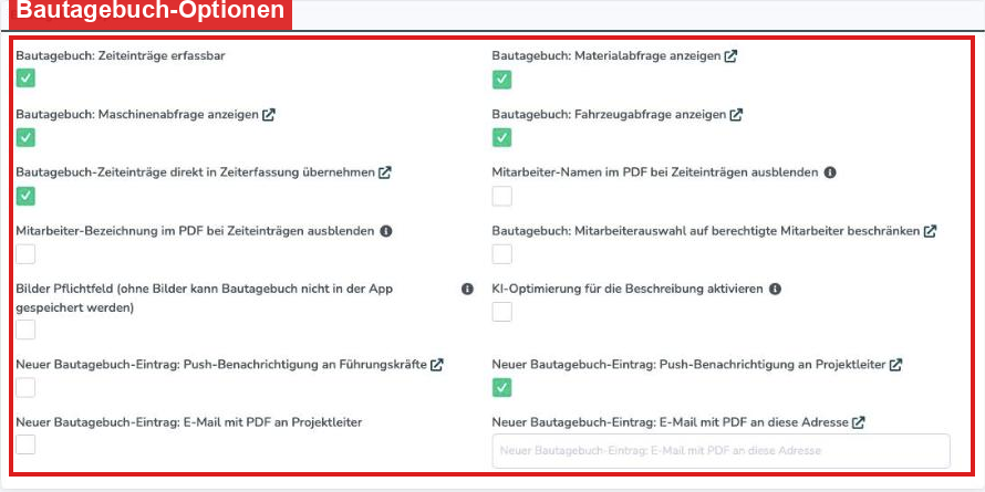 Bautagebuch-Konfigurator mit den Bautagebuch-Optionen