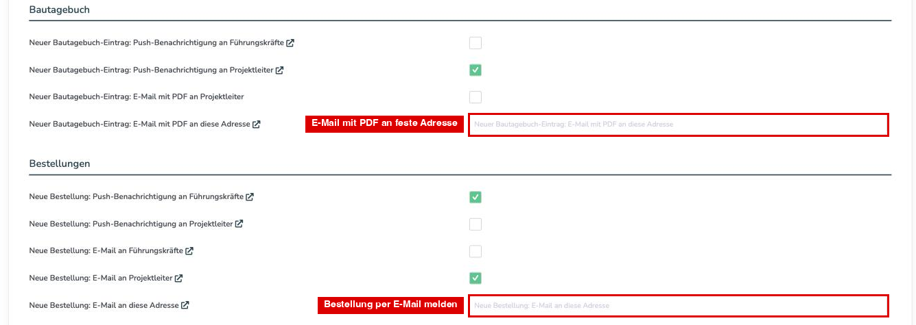 Abschnitte Bautagebuch und Bestellungen