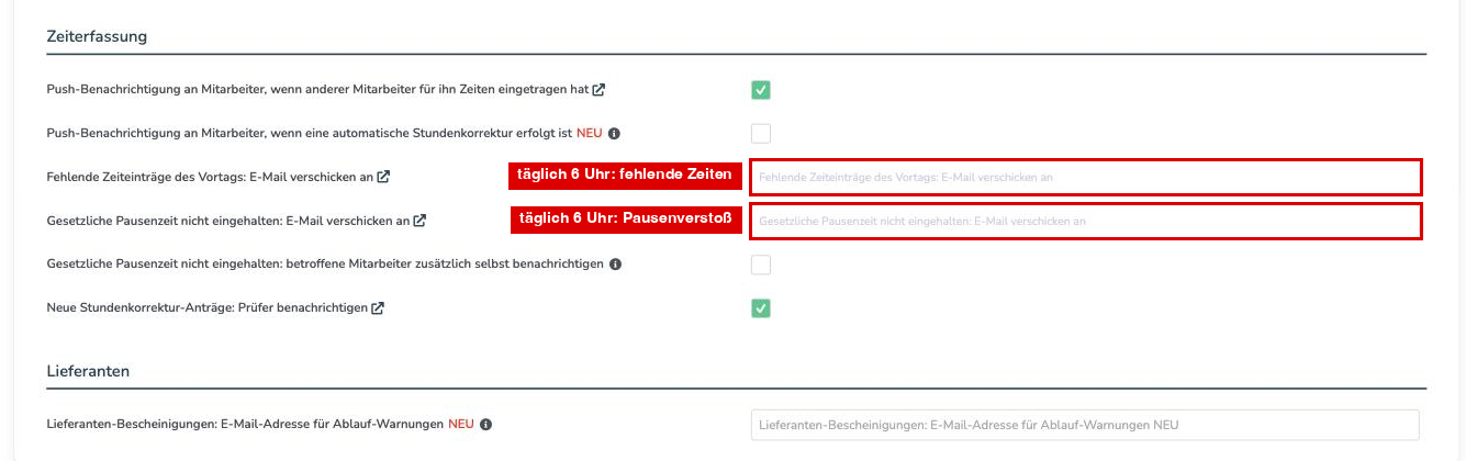 Abschnitte Zeiterfassung und Lieferanten