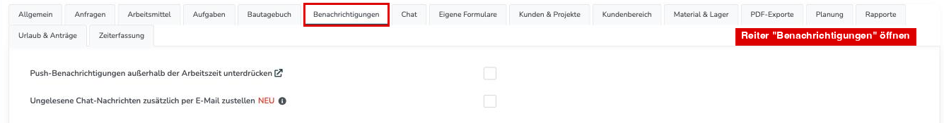 Einstellungen mit dem Reiter Benachrichtigungen