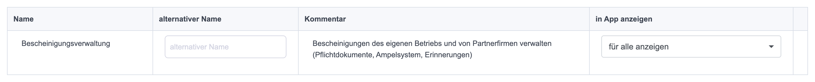 Zeile Subunternehmer-Bescheinigungsverwaltung in den App-Funktionen mit dem Auswahlfeld in der Spalte in App anzeigen