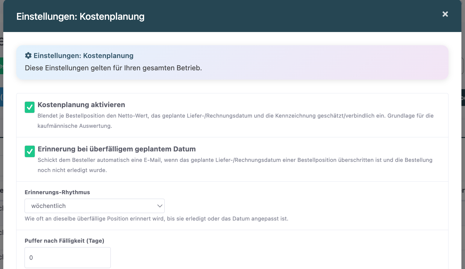 Fenster Einstellungen: Kostenplanung mit den Schaltern zur Aktivierung und zur automatischen Erinnerung