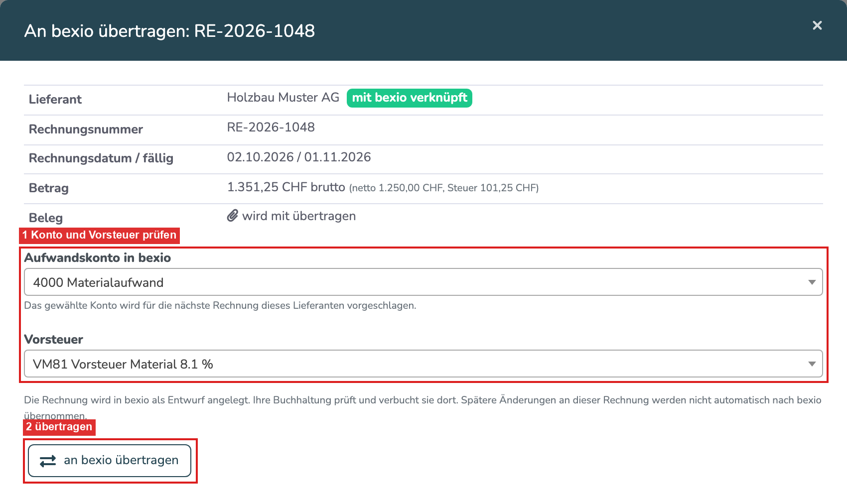 Fenster zum Übertragen einer Eingangsrechnung an bexio