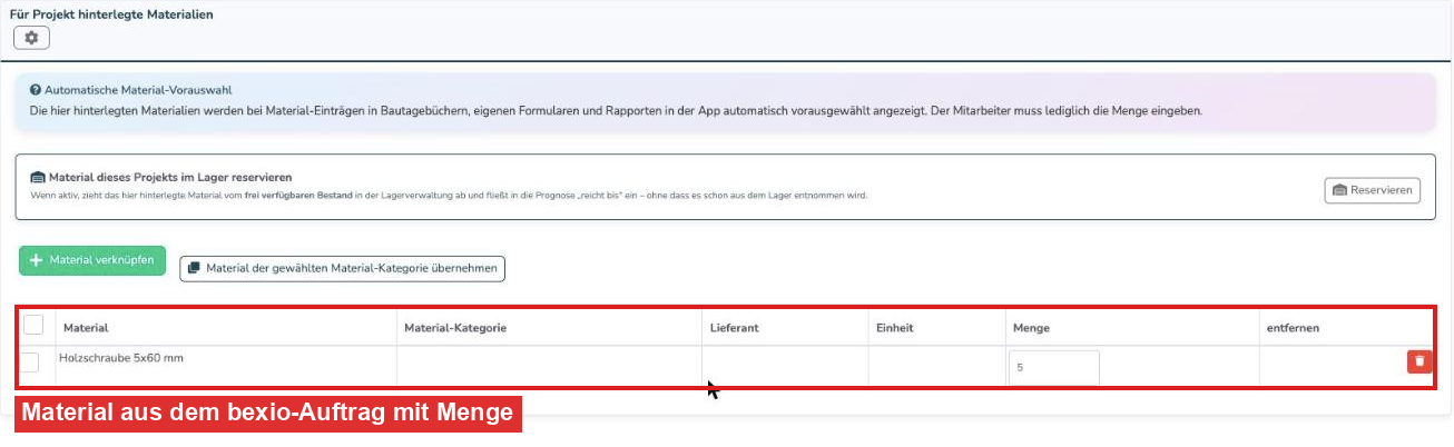 Karte „Für Projekt hinterlegte Materialien