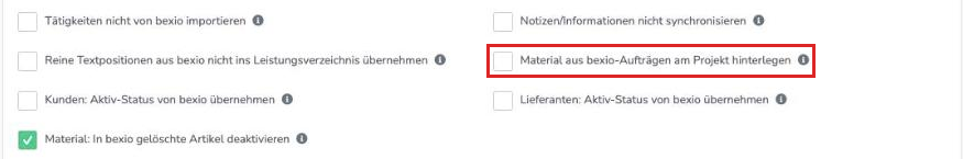 bexio-Einstellungen mit markiertem Haken „Material aus bexio-Aufträgen am Projekt hinterlegen"