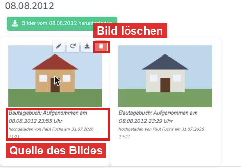Bildergalerie mit rot markiertem Löschen-Symbol und der Quelle des Bildes