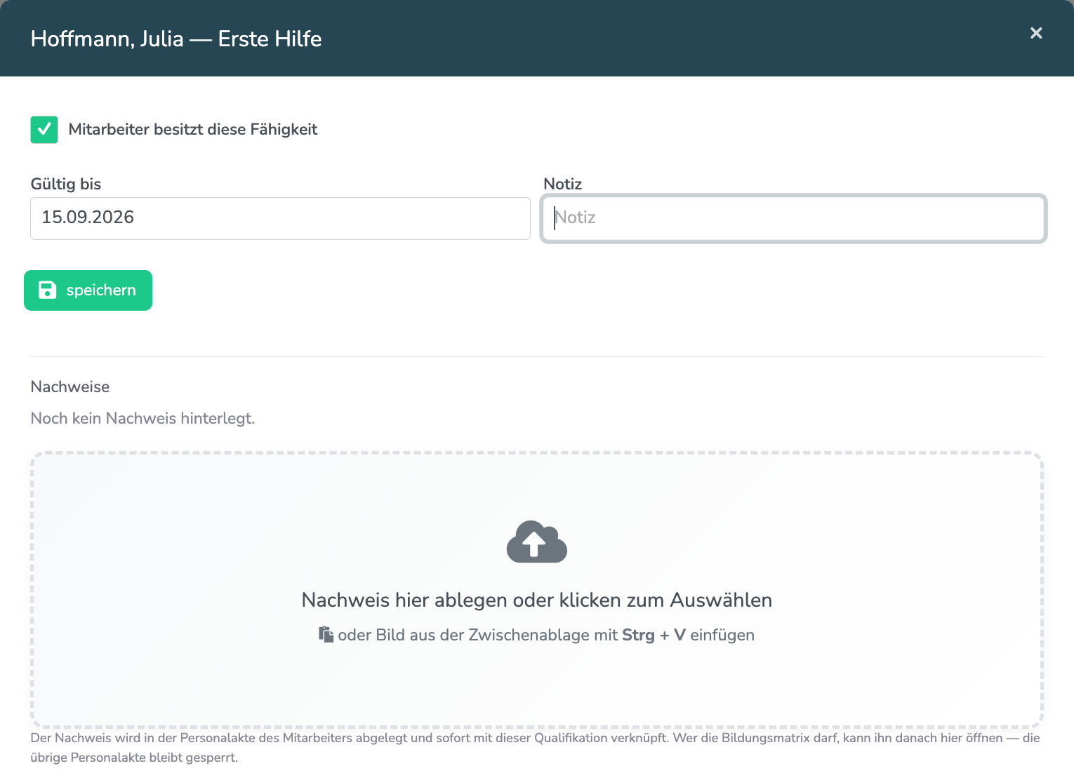 Fenster zum Erfassen von Gültigkeitsdatum, Notiz und Nachweis