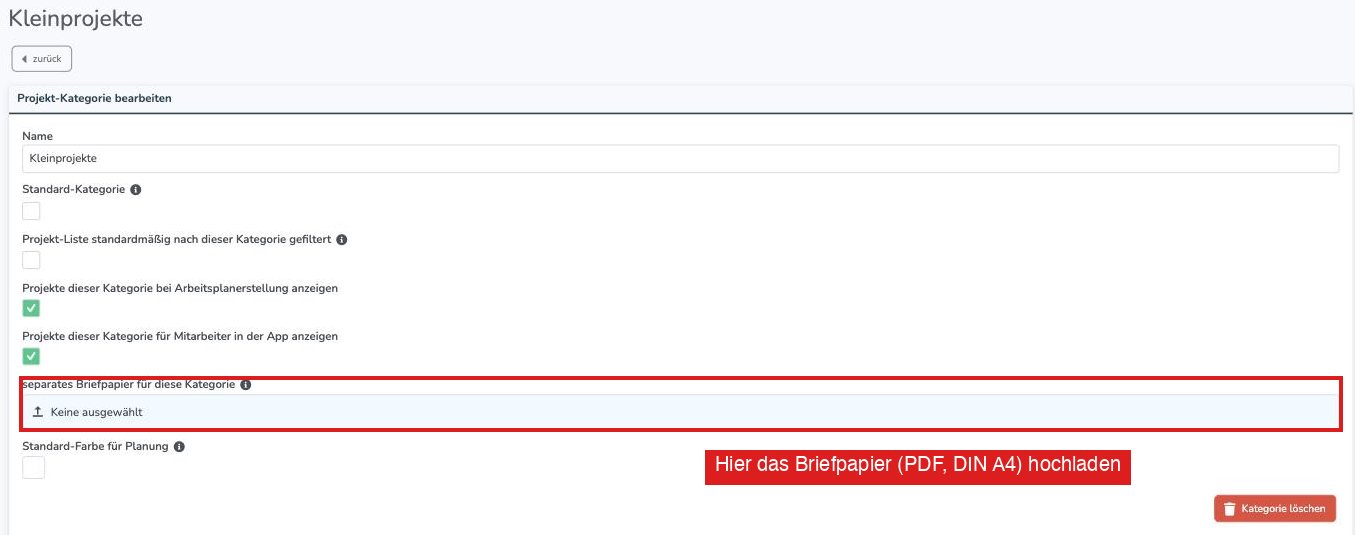 Projekt-Kategorie bearbeiten mit dem Feld separates Briefpapier für diese Kategorie