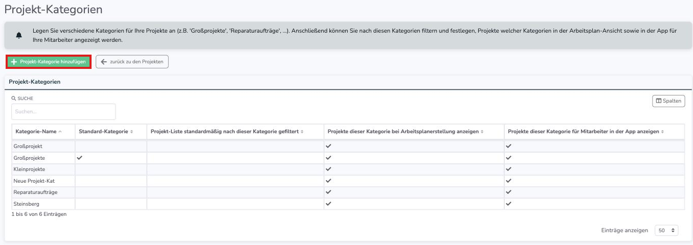 Liste der Projekt-Kategorien mit dem Button Projekt-Kategorie hinzufügen