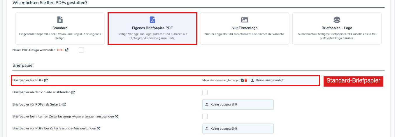 Einstellungen PDF-Exporte mit dem Feld Briefpapier für PDFs