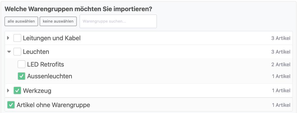 Auswahl der Warengruppen im Vorschau-Fenster mit Artikelanzahl je Gruppe
