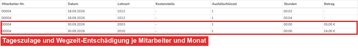 Export-Vorschau mit den Zeilen für Tageszulage und Wegzeit-Entschädigung