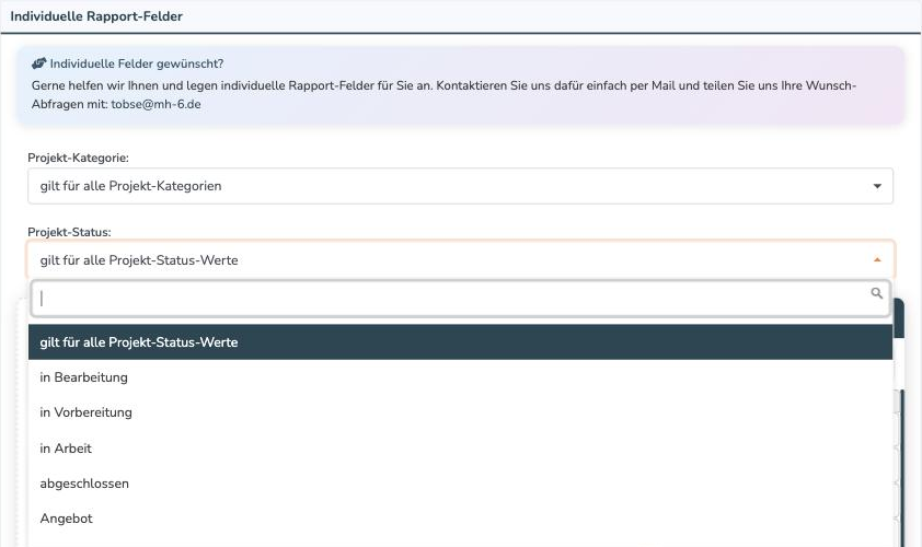 Geöffnetes Dropdown Projekt-Status mit den verfügbaren Projekt-Status-Werten