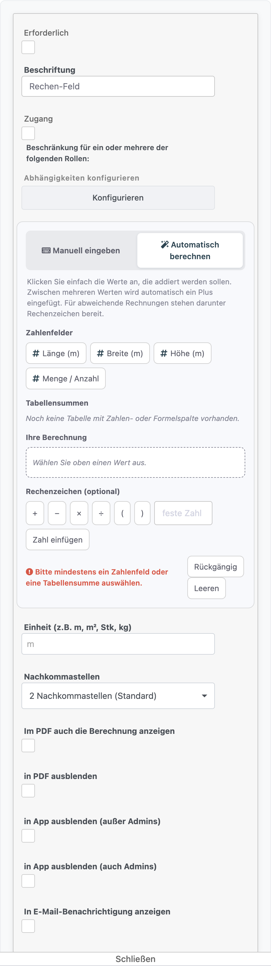 Rechen-Feld im Formular-Konfigurator mit ausgewählter Option Automatisch berechnen und den verfügbaren Zahlenfeldern