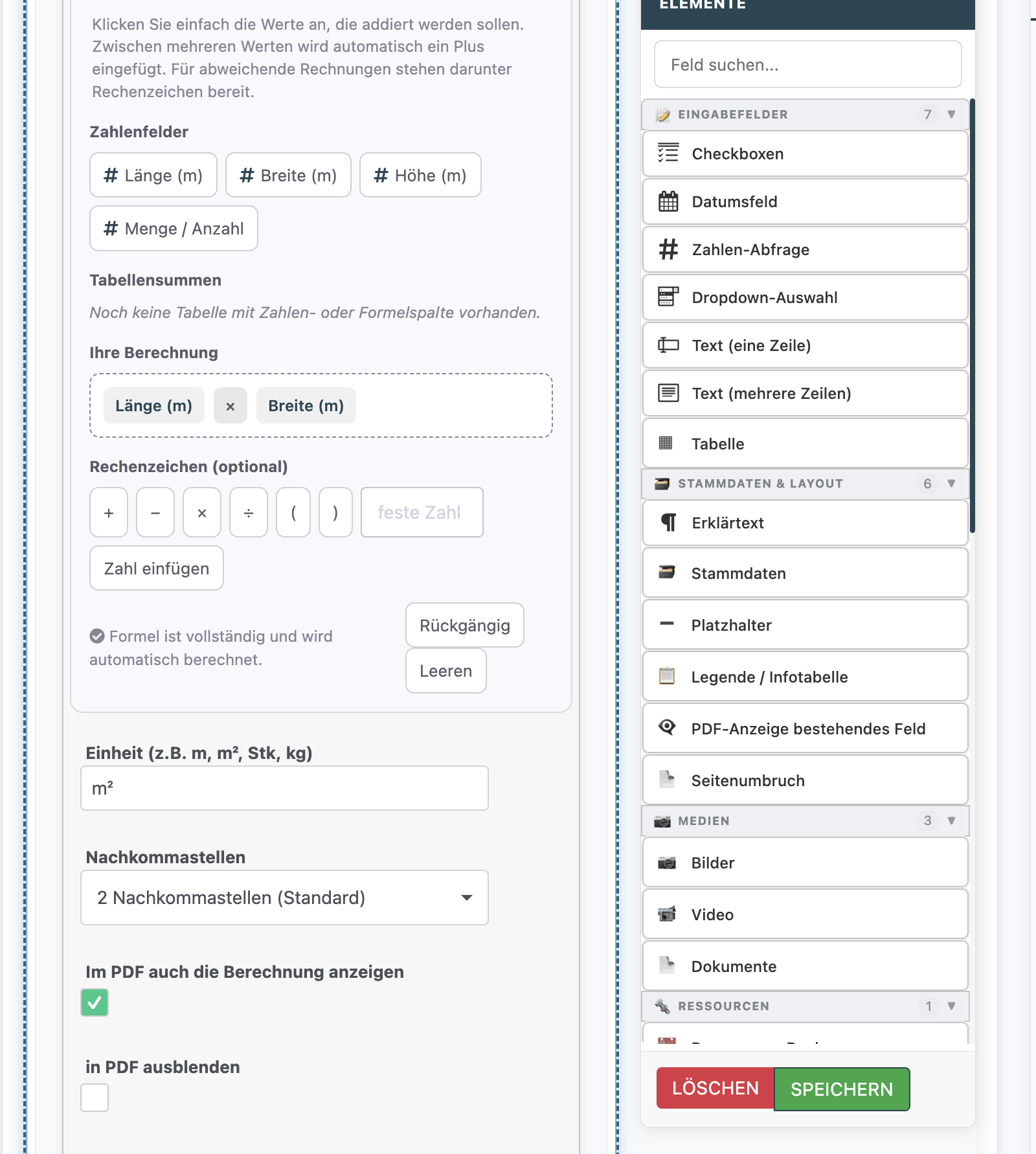 Vollständige automatische Berechnung Länge mal Breite mit Einheit, Nachkommastellen und aktivierter Anzeige der Berechnung im PDF