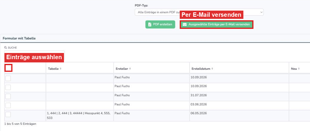 Eigenes Formular mit Auswahlkästchen und dem Button Ausgewählte Einträge per E-Mail versenden