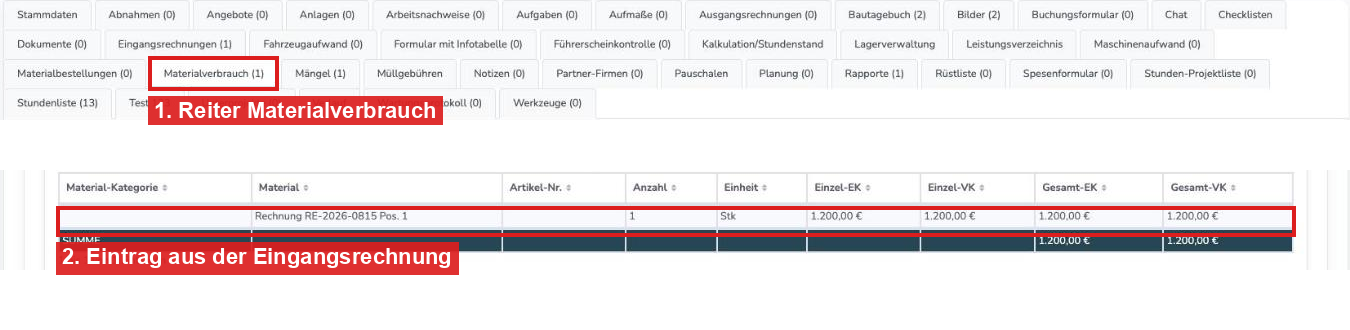 Projekt mit Reiter Materialverbrauch und dem automatisch erzeugten Eintrag aus der Eingangsrechnung