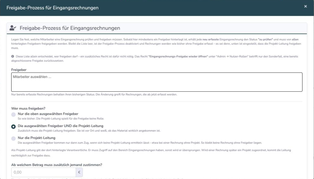 Einstellungsfenster Freigabe-Prozess für Eingangsrechnungen mit Freigeber-Auswahl und den drei Varianten, wer freigeben muss