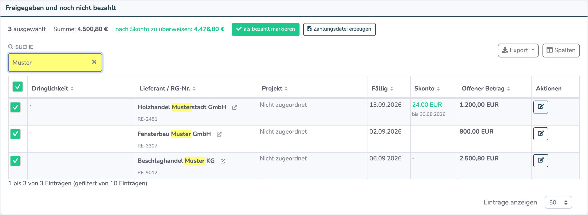 Zahlungs-Übersicht mit angehakten Rechnungen und dem Button Zahlungsdatei erzeugen