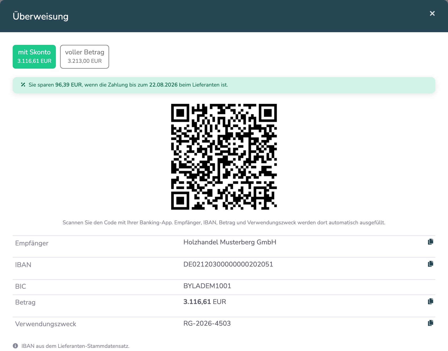Dialog Überweisung mit QR-Code, Umschalter für Skonto und den Zahlungsdaten zum Kopieren