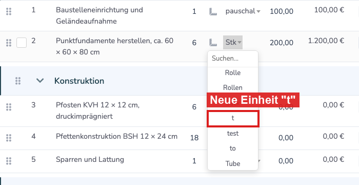 Einheiten-Auswahl in einer Angebotsposition mit der Einheit t