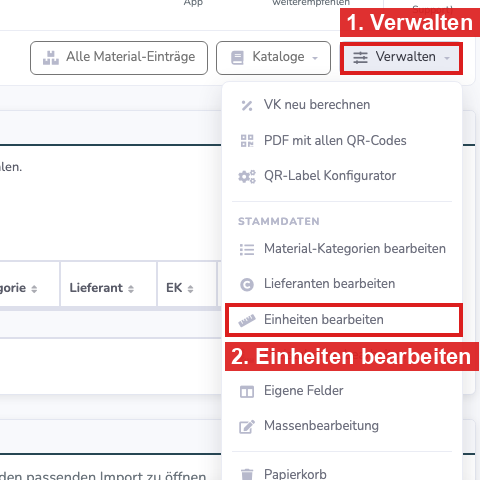 Menü Verwalten in den Materialien mit dem Eintrag Einheiten bearbeiten
