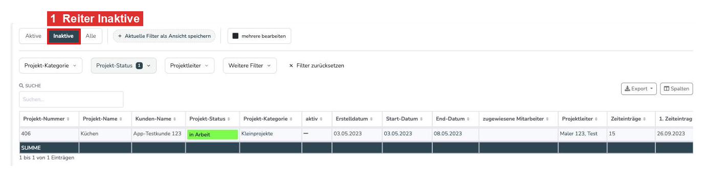 Projektliste mit Reiter Inaktive