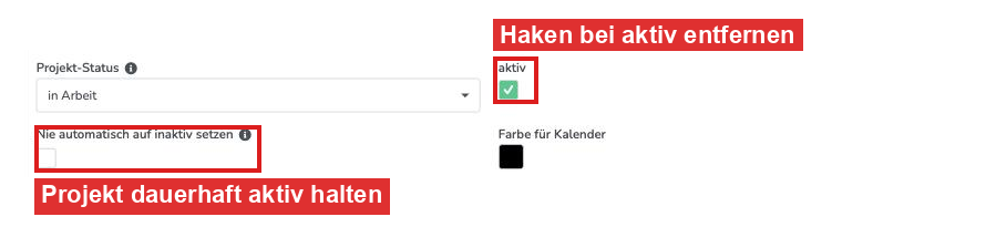Projekt-Stammdaten mit Haken bei aktiv