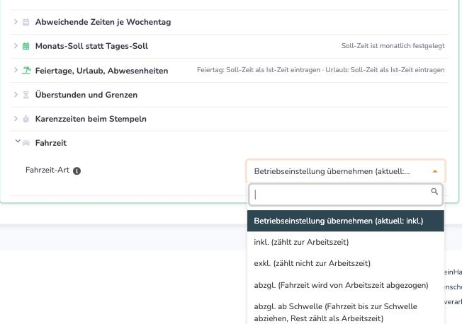 Arbeitszeitmodell mit aufgeklapptem Abschnitt Fahrzeit und dem Auswahlfeld Fahrzeit-Art