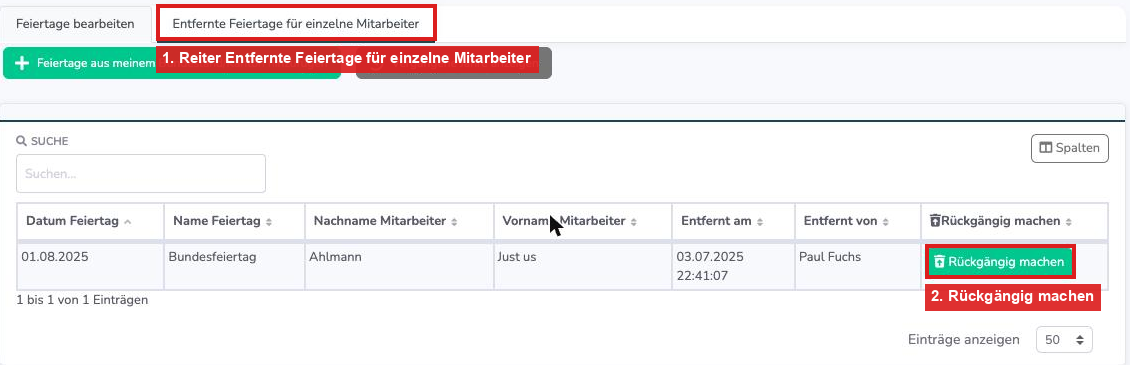 Reiter Entfernte Feiertage für einzelne Mitarbeiter mit dem Button Rückgängig machen