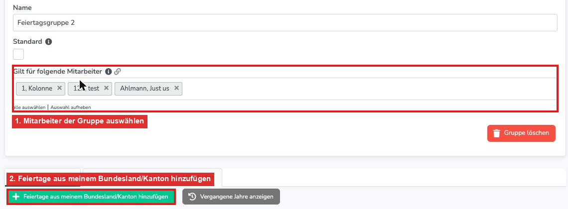 Feiertags-Gruppe mit Mitarbeiterauswahl und dem Button Feiertage aus meinem Bundesland/Kanton hinzufügen