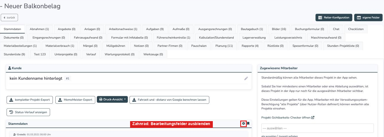 Projekt mit dem Zahnrad in der Karte Stammdaten