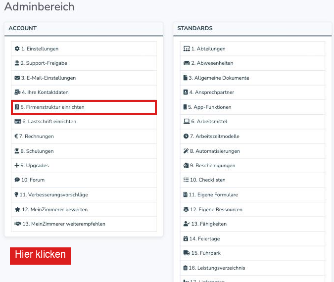 Adminbereich mit dem Eintrag Firmenstruktur einrichten