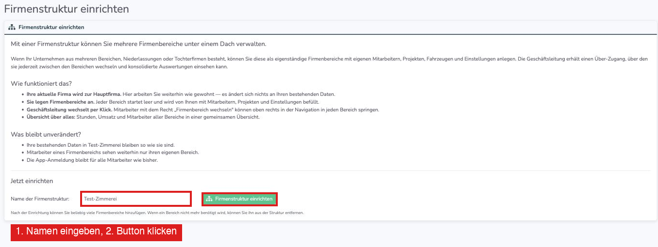 Seite Firmenstruktur einrichten mit Namensfeld und Button