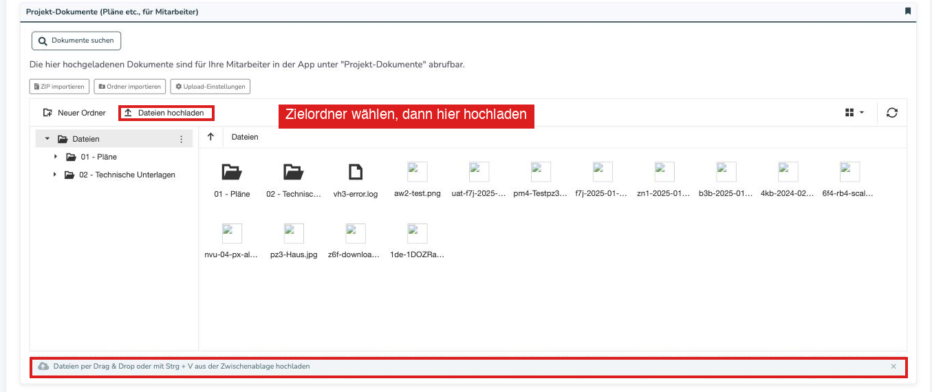Reiter Dokumente mit der Dateiablage und dem Button Dateien hochladen