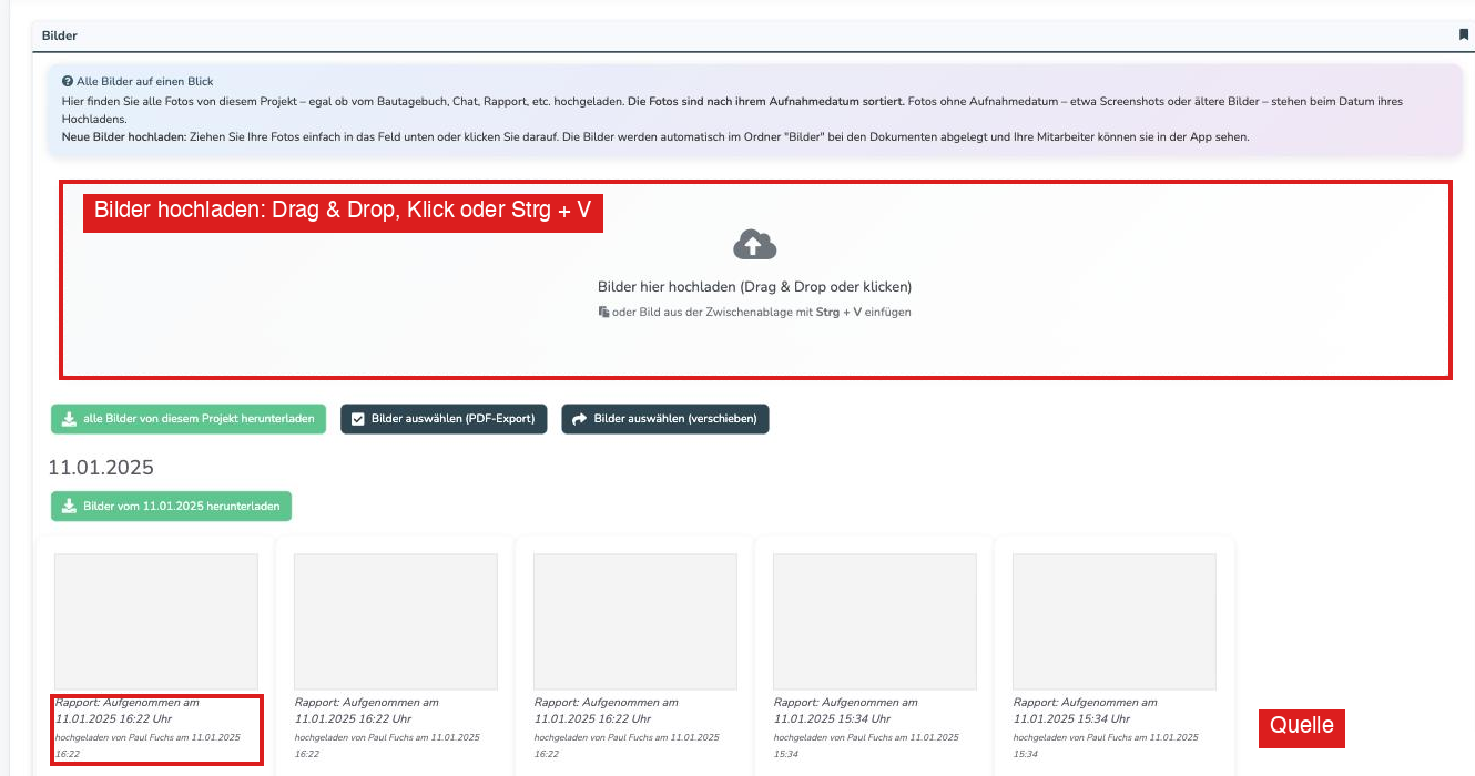 Reiter Bilder im Projekt mit Upload-Feld, Buttons und Quellenangabe