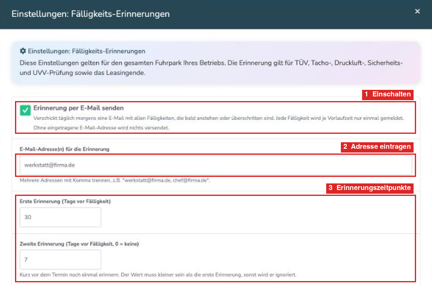 Dialog Fälligkeits-Erinnerungen mit Schalter, E-Mail-Adresse und Erinnerungszeitpunkten