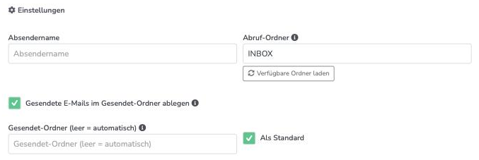Bearbeiten-Dialog eines Postfachs mit dem Schalter Gesendete E-Mails im Gesendet-Ordner ablegen und dem Feld Gesendet-Ordner