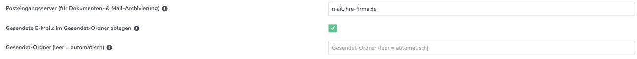 Reiter Versand-Adresse mit Posteingangsserver, Schalter Gesendete E-Mails im Gesendet-Ordner ablegen und Feld Gesendet-Ordner