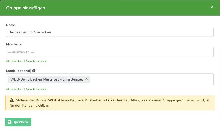 Dialog Gruppe hinzufügen mit ausgewähltem Kundenkontakt und gelbem Warnhinweis
