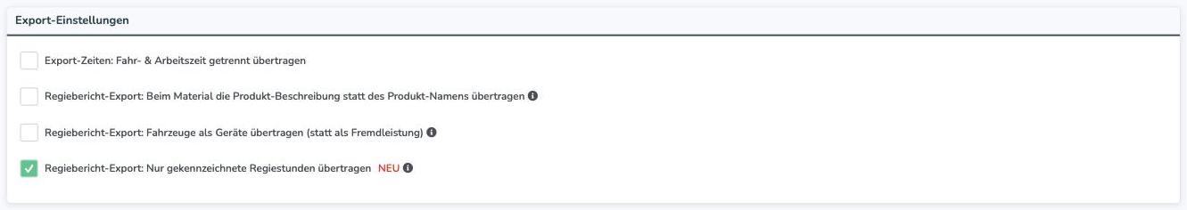 Karte Export-Einstellungen im HAPAK-Konfigurator mit dem Schalter fuer die Regiestunden