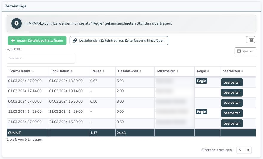Zeiteintraege eines Regieberichts mit der Spalte Regie und dem Hinweis zum Export
