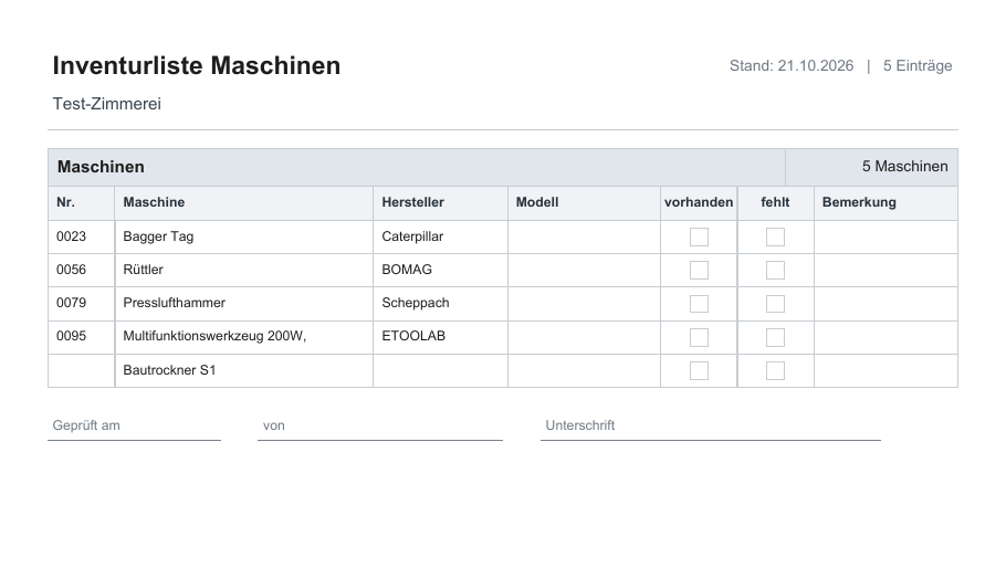 Inventurliste Maschinen mit Nummer, Maschine, Hersteller, Modell, Kästchen und Prüfzeile